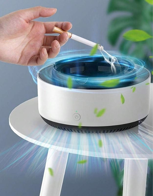 An electronic ashtray with air purifier features, depicted with blue light and vapor patterns indicating air purification.